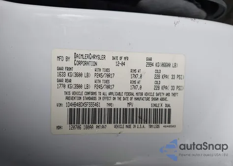 2005 Dodge Durango Slt from USA, damaged, VIN 1D4HB48DX5F555461